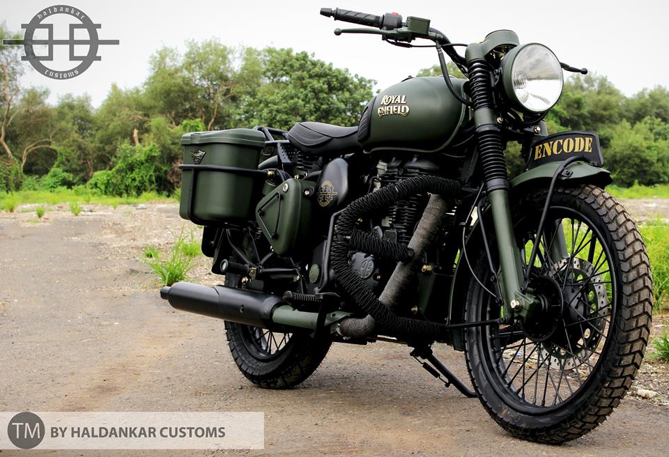 Green Modified Royal Enfield Buller in Military color Paint Haldarkar Customs