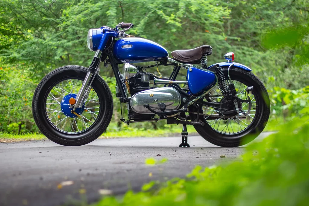 Side view of a diesel-powered Royal Enfield Bullet 350 custom build