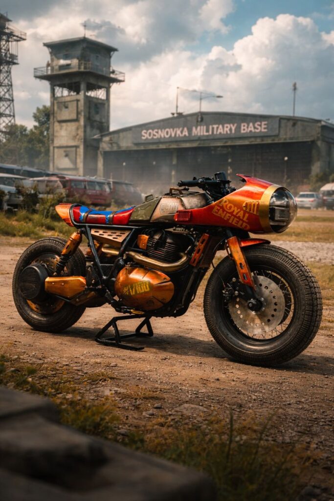 Custom Royal Enfield Continental GT 650 with tactical design set in Erangel map of BGMI