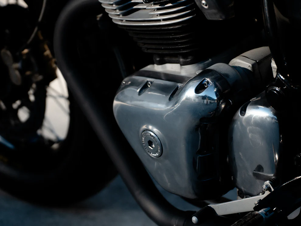 Close-up detail of Purpose Built Moto Interceptor scrambler components