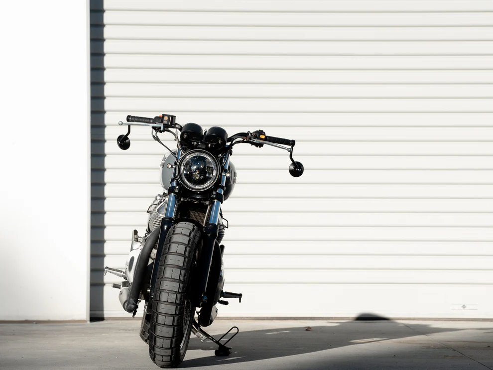 Front end of PBM Royal Enfield Interceptor scrambler with LED headlight