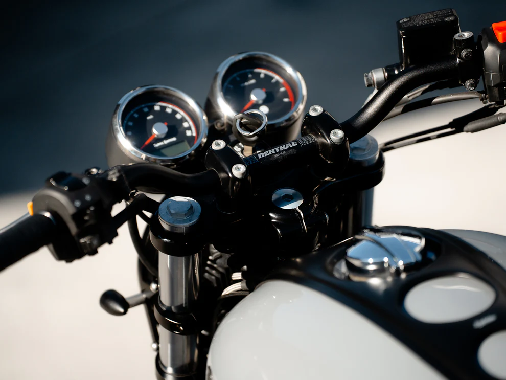 Front end of PBM Royal Enfield Interceptor scrambler with LED headlight