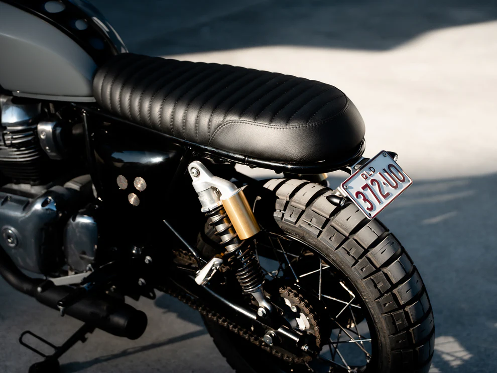 Custom leather seat detail on PBM Interceptor 650 scrambler