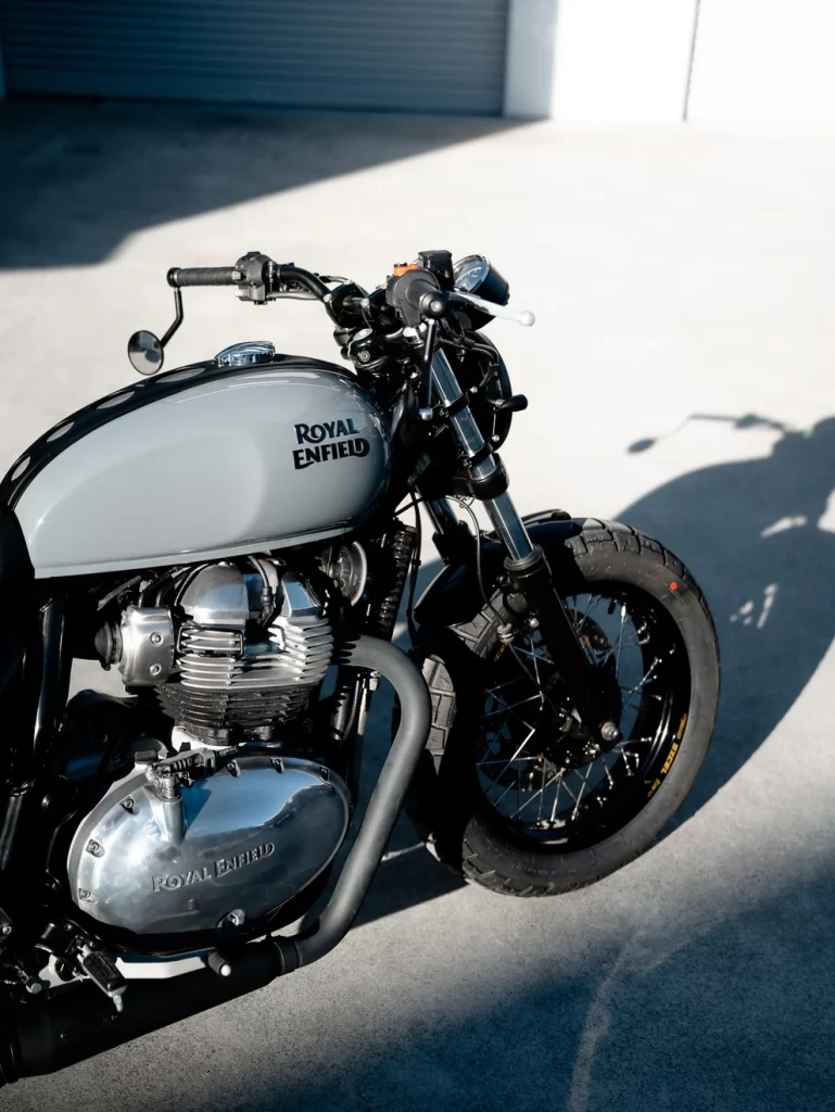 LED headlight and handlebars on Purpose Built Moto scrambler build