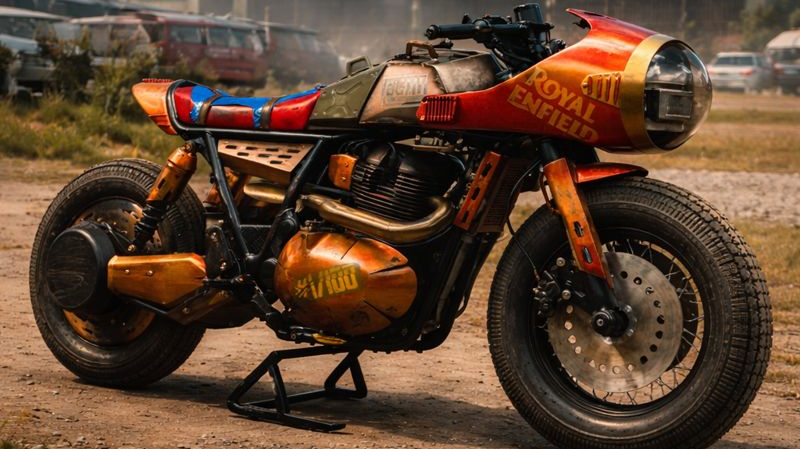 Custom Royal Enfield Continental GT 650 with tactical design set in Erangel map of BGMI