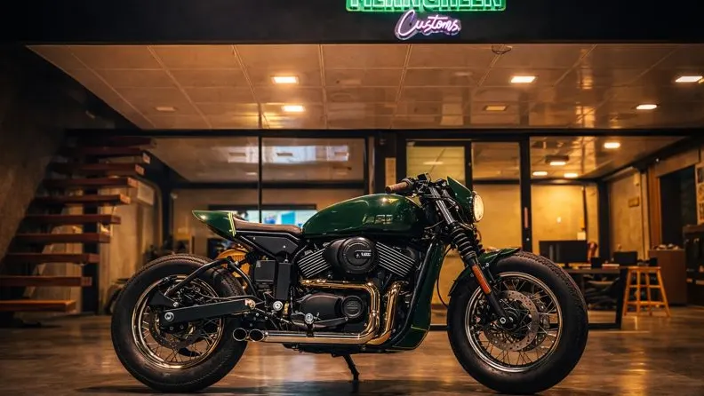 Bold green custom cafe racer Herley Davidson Street 750 Mumbai