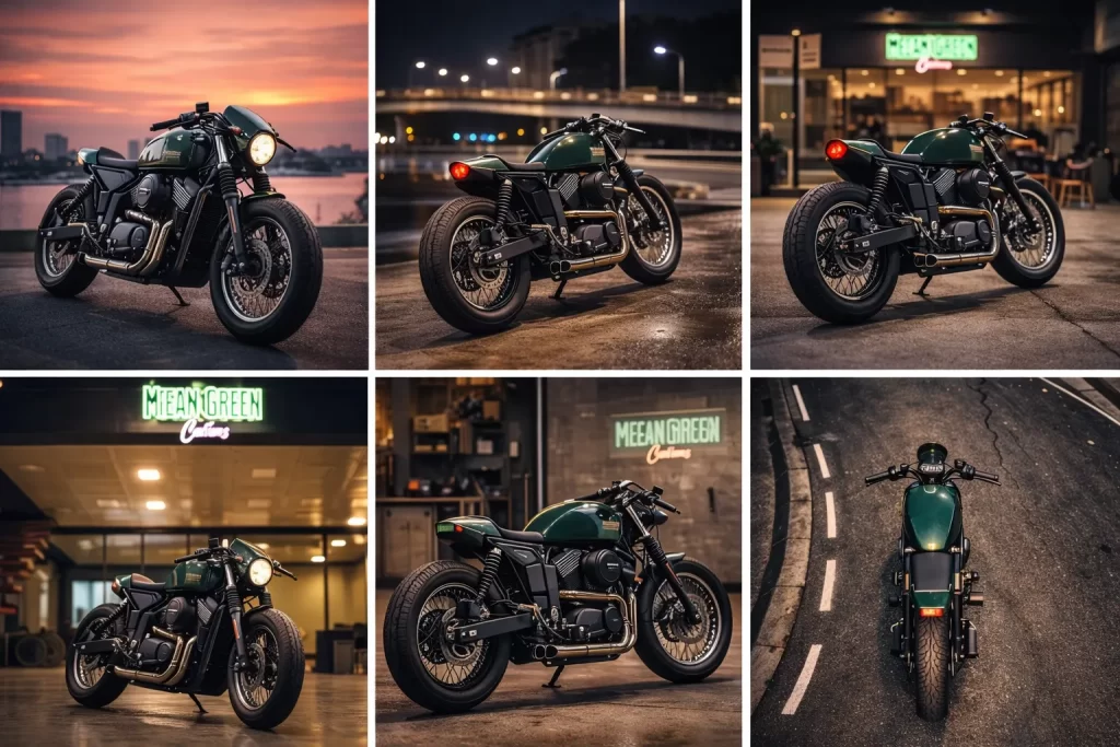 Bold green custom cafe racer Herley Davidson Street 750 Mumbai