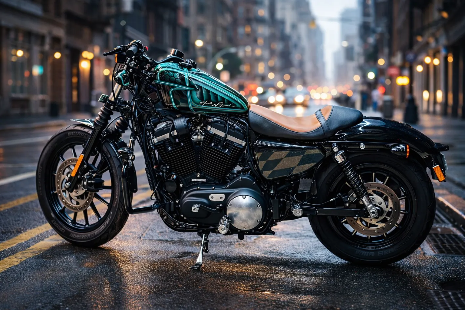 Harley-Davidson custom bike with green metallic tank and black finish on city street background