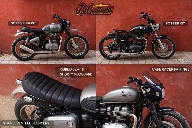 Collage of JD Customs motorcycle kits on Royal Enfield Classic featuring custom seat, shorty mudguard, luggage rack, LED tail light and headlight grille