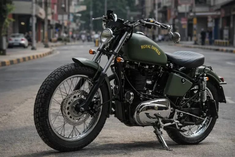 Royal Enfield Classic 500 in matte olive green side view civilian legal colour