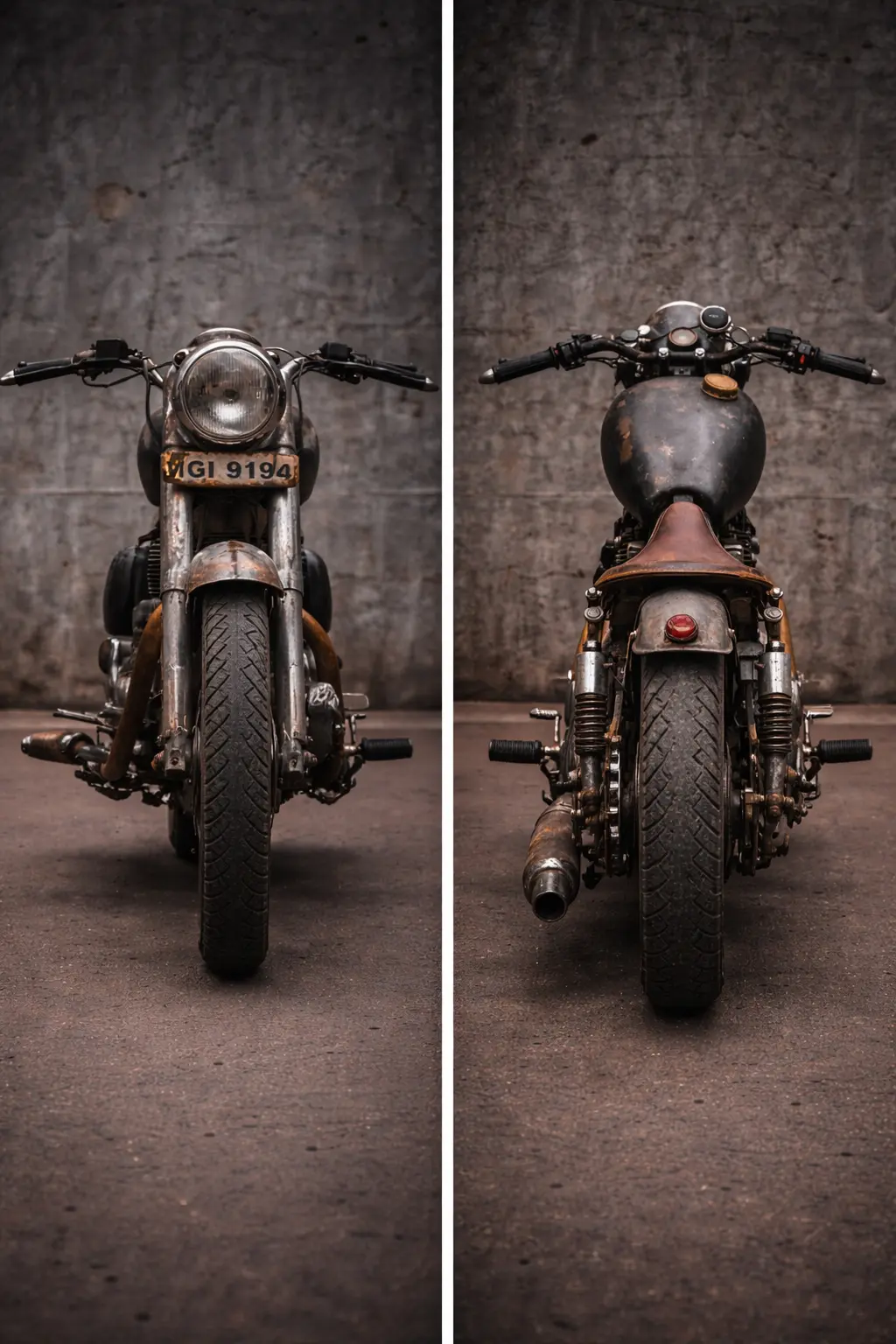“Front and rear view of 1986 Royal Enfield Bullet 350 custom bobber with aged raw metal body, vintage headlamp, leather solo seat and exposed exhaust, built by Bombay Custom Works, Mumbai”