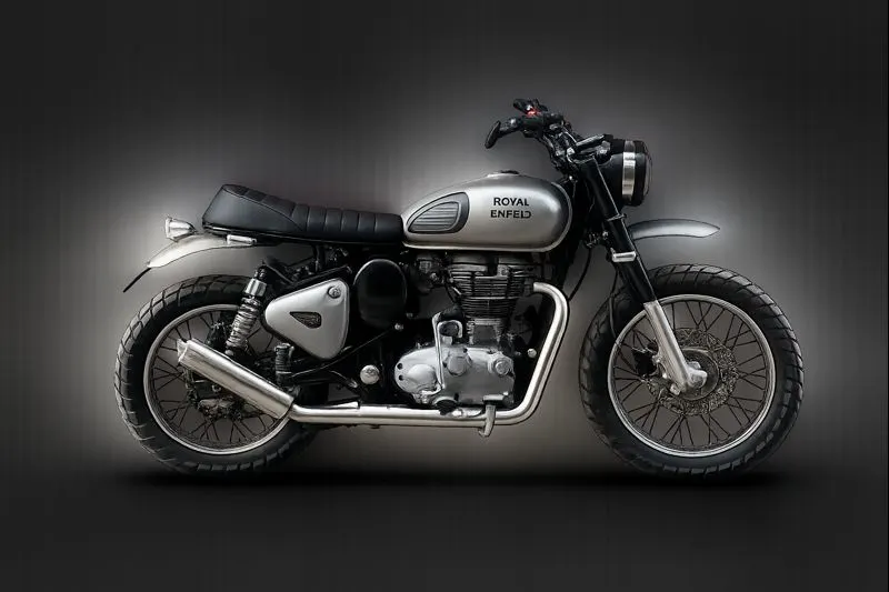 JD Customs bolt-on kits for Royal Enfield showing seat, rear fender, rack and headlight upgrades
