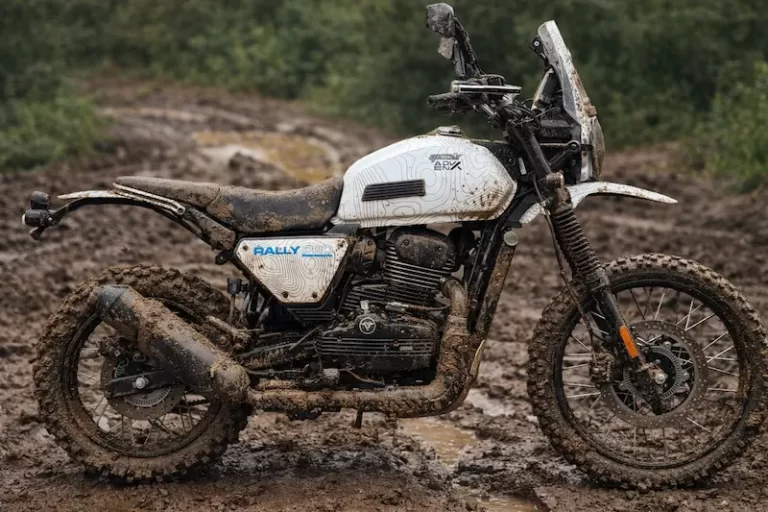 Yezdi Adventure Rally Pro custom wrap by Bombay Custom Works covered in mud off-road