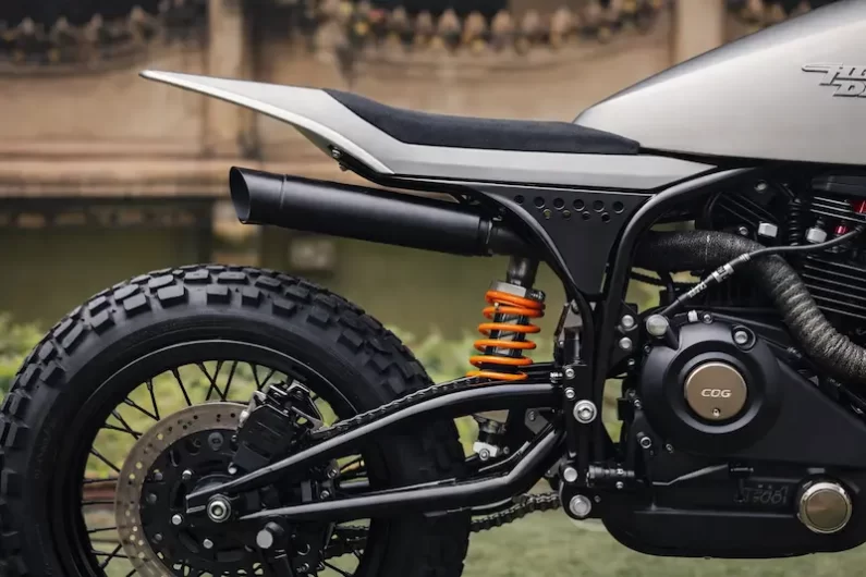 Harley-Davidson X440 Rajputana Customs scrambler rear suspension and custom exhaust close-up