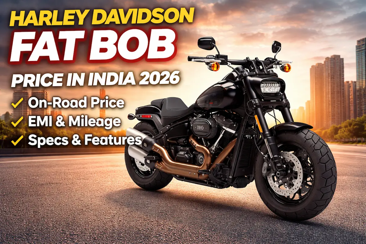 Harley Davidson Fat Bob price in India 2026 featured image showing black Fat Bob motorcycle with Milwaukee Eight 114 engine, on road price, specs, EMI and features