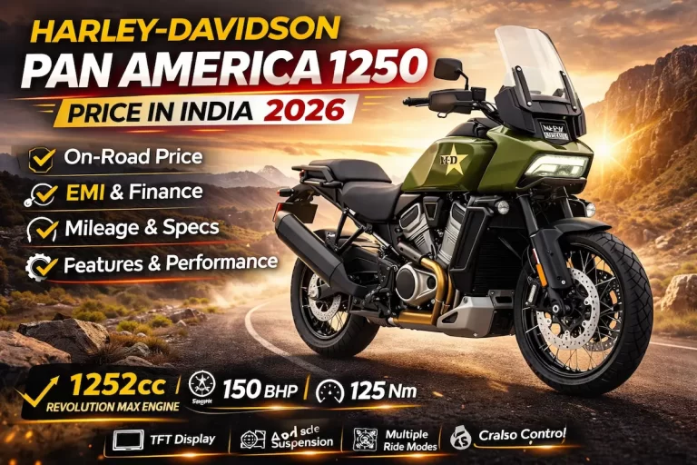 Harley Davidson Pan America 1250 price in India 2026 featured image showing adventure motorcycle with Revolution Max engine, on road price, EMI, specs and features
