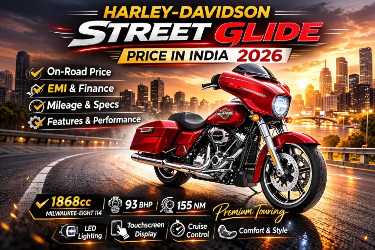 Harley Davidson Street Glide Special price in India 2026 featured image showing red touring motorcycle with batwing fairing, on road price, EMI, specs and features