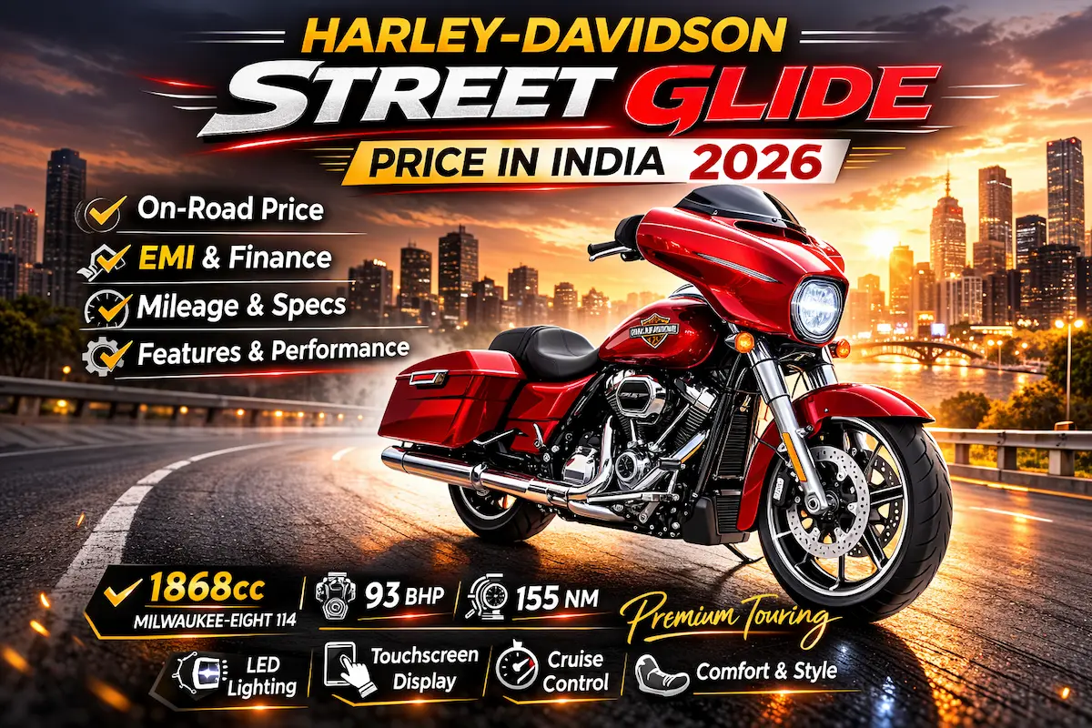Harley Davidson Street Glide Special price in India 2026 featured image showing red touring motorcycle with batwing fairing, on road price, EMI, specs and features