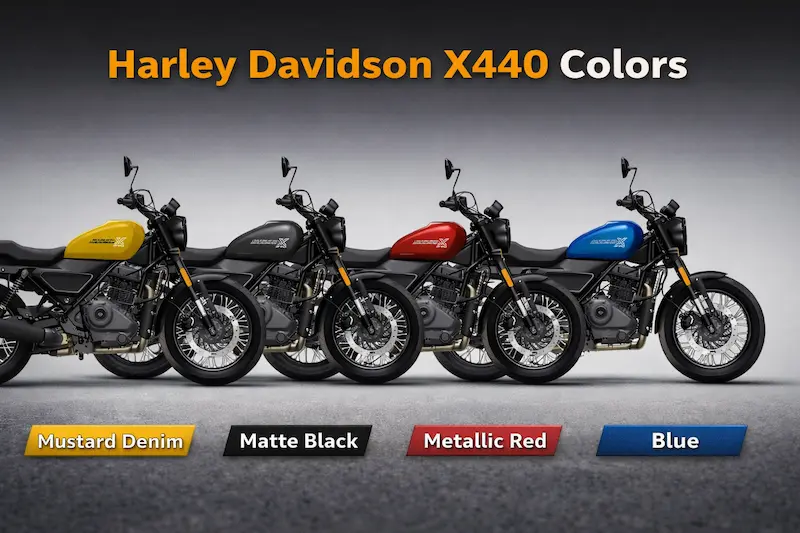 Harley Davidson X440 colors showing Mustard Denim Matte Black Red and Blue color options