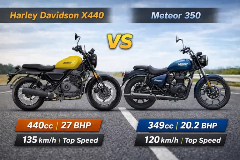 Harley Davidson X440 vs Royal Enfield Meteor 350 comparison showing design performance and features
