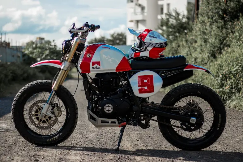 Off-road modified Royal Enfield Himalayan scrambler dirt track photography