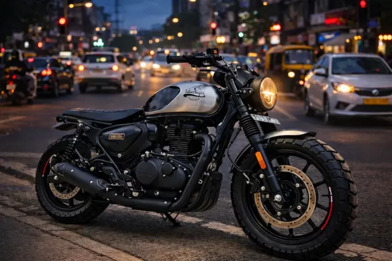 Royal Enfield Hunter 350 custom headlight and front fork detail