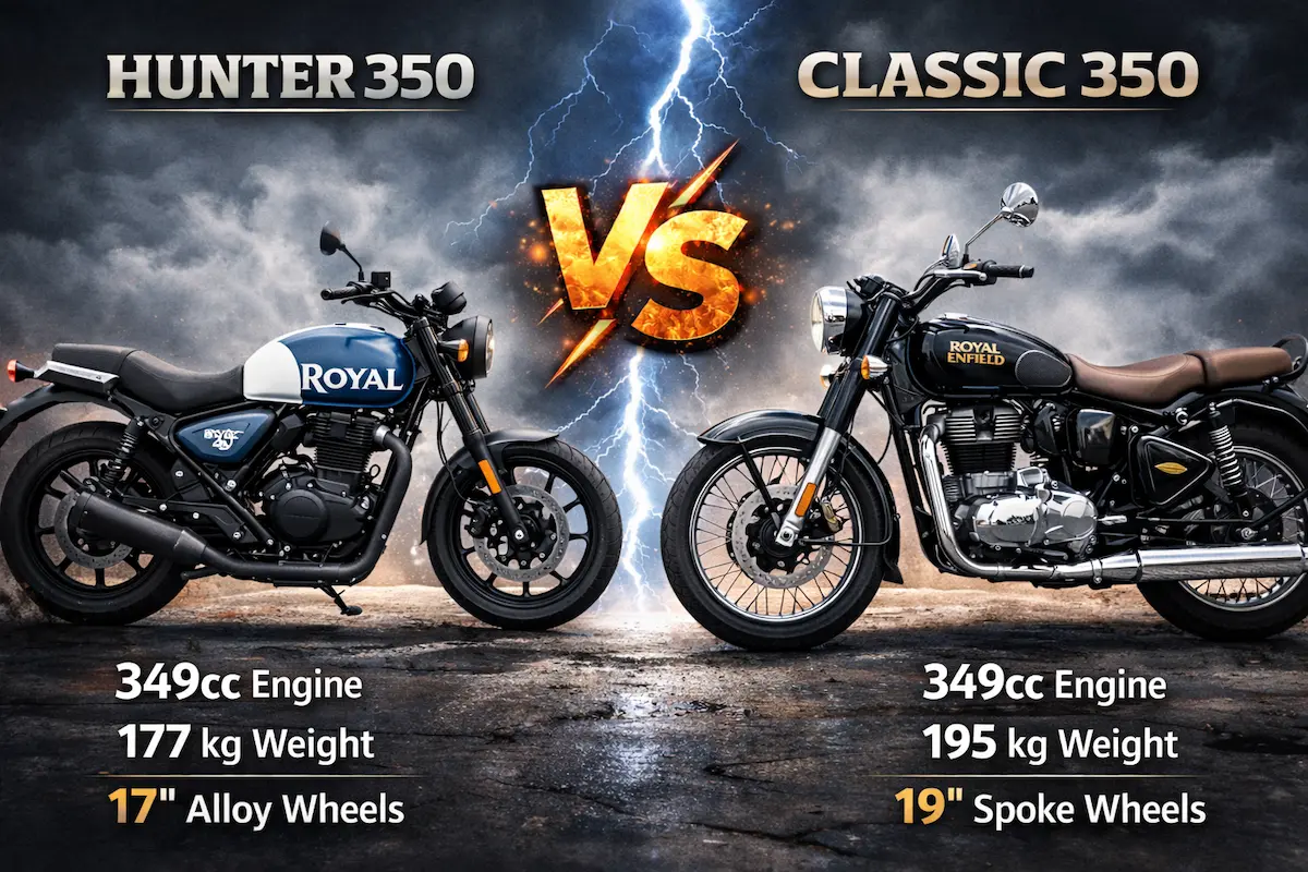 Hunter 350 vs Classic 350 comparison 2026 showing side by side design and styling difference