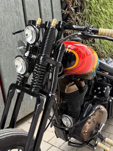 Springer front fork and custom fuel tank on Royal Enfield Bullet 500 chopper