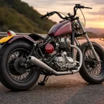 Custom Royal Enfield Bullet 350 built like a gun bobber on highway at sunset