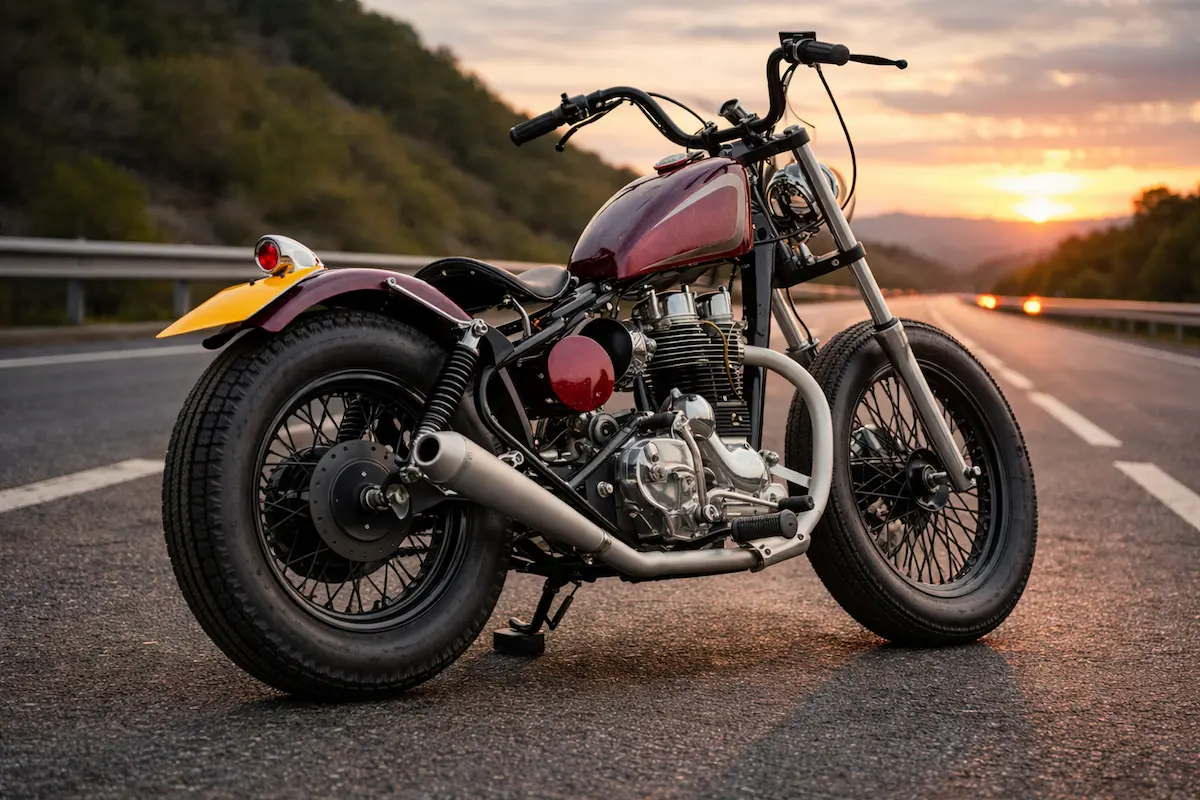 Custom Royal Enfield Bullet 350 built like a gun bobber on highway at sunset