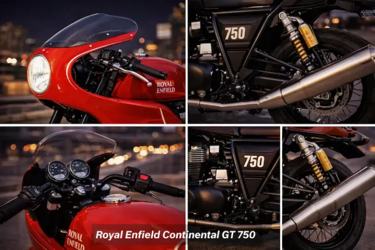 Royal Enfield Continental GT 750 detailed view showing engine, suspension, exhaust and cafe racer features