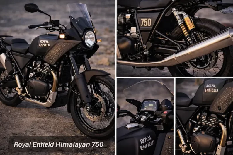 Royal Enfield Himalayan 750 detailed view showing engine, suspension, dashboard and adventure bike features
