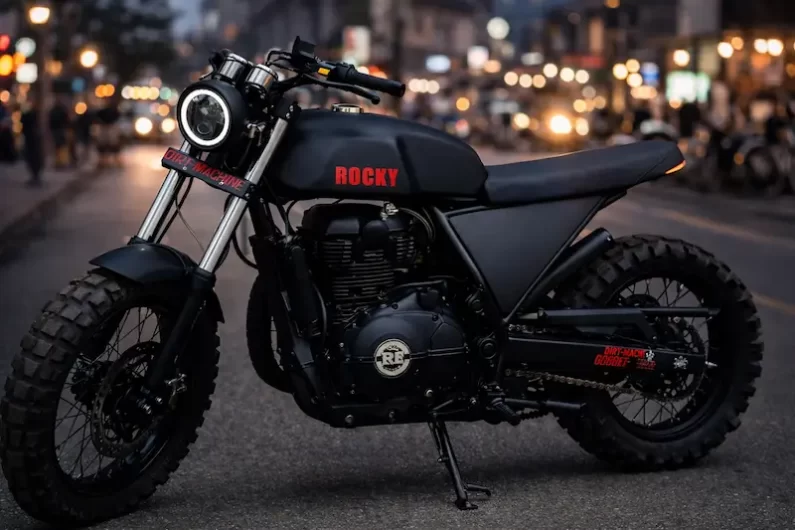 Royal Enfield Himalayan KGF custom build by Dirt Machine with matte black styling and off-road tires in city background
