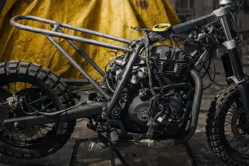 Royal Enfield Himalayan KGF custom build during frame modification stage in workshop
