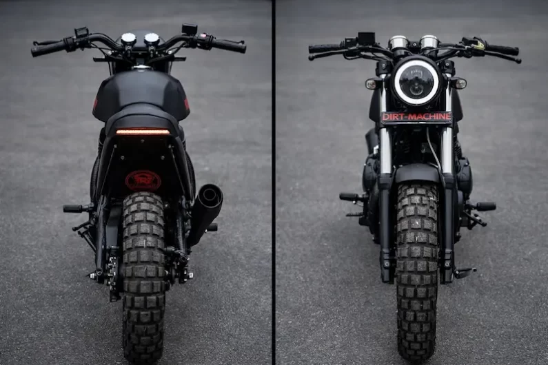 Front and rear view of Royal Enfield Himalayan KGF custom build by Dirt Machine with off-road tires and matte black finish