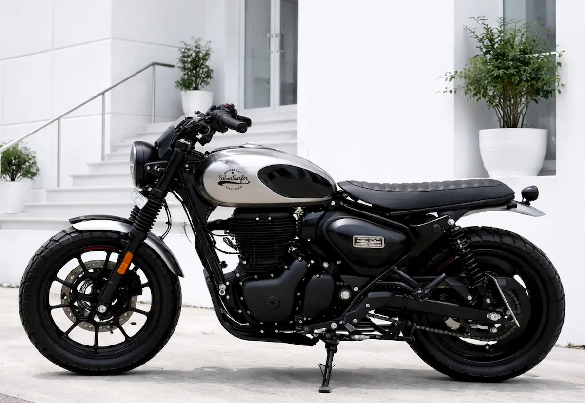 Royal Enfield Hunter 350 Silver Surfer custom build by Bulleteer Customs rear three quarter view