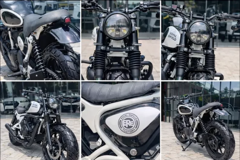 Royal Enfield Hunter 350 Silver Surfer custom rear suspension and chunky tire