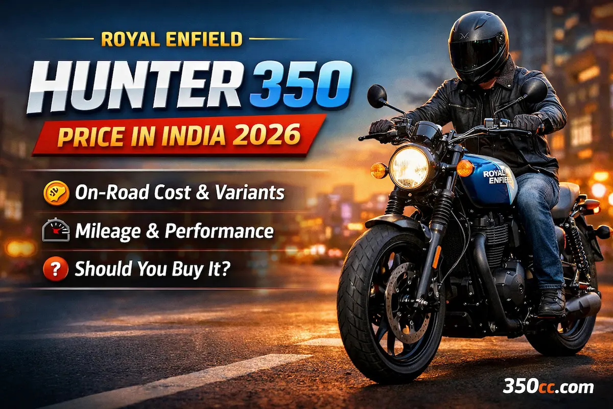 Royal Enfield Hunter 350 price in India 2026 feature image showing bike with rider in city background