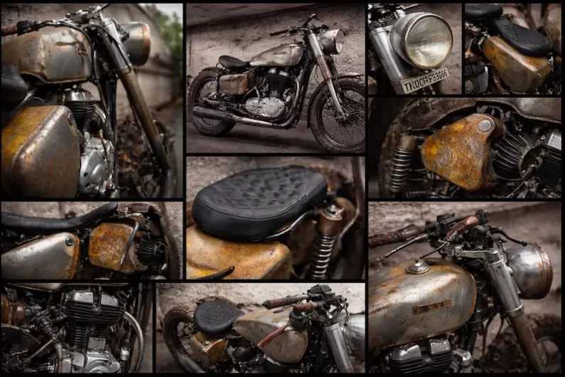 Detailed collage of Royal Enfield UCE Bullet 500 by Bombay Custom Works showing patina tank, engine, seat and scrambler components