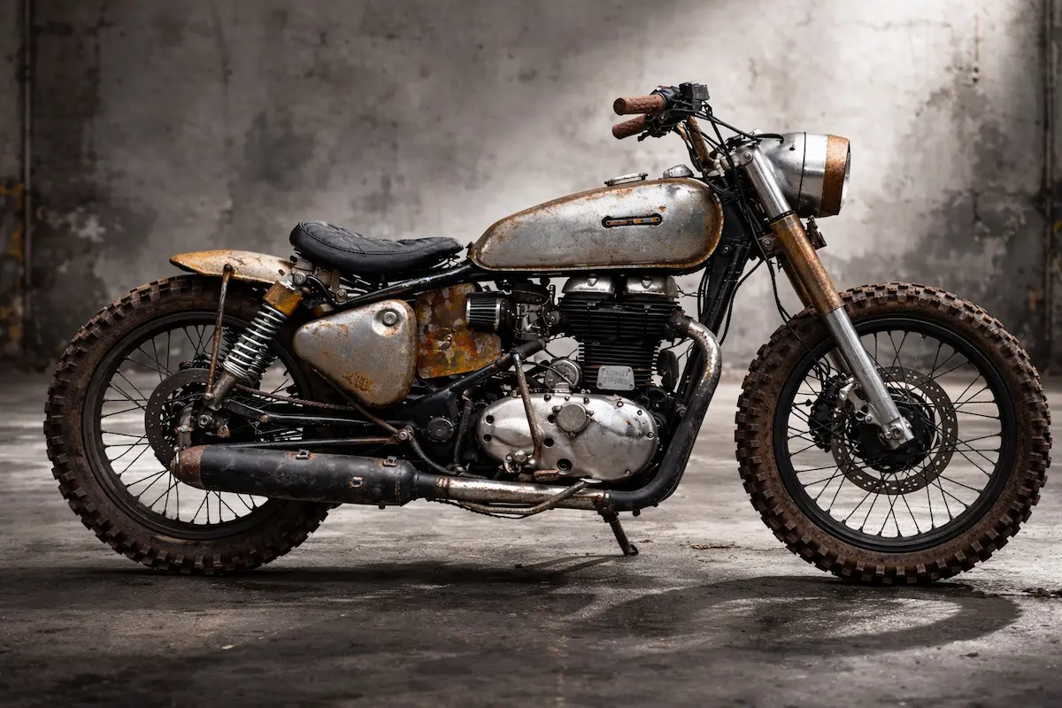 Royal Enfield UCE Bullet 500 by Bombay Custom Works with rugged scrambler styling in grey warehouse background